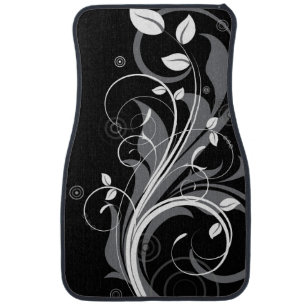 Gray Floral Pattern on Black Car Mat