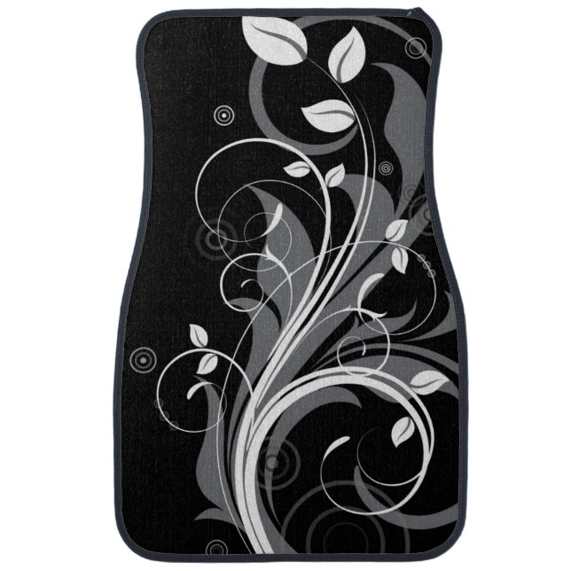 Gray Floral Pattern on Black Car Mat (Front)