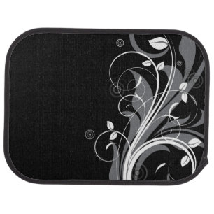 Gray Floral Pattern on Black Car Mat