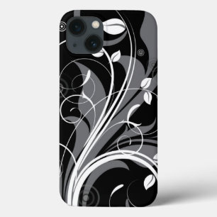 Gray Floral Pattern on Black iPhone 13 Case