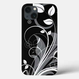Gray Floral Pattern on Black iPhone 13 Case