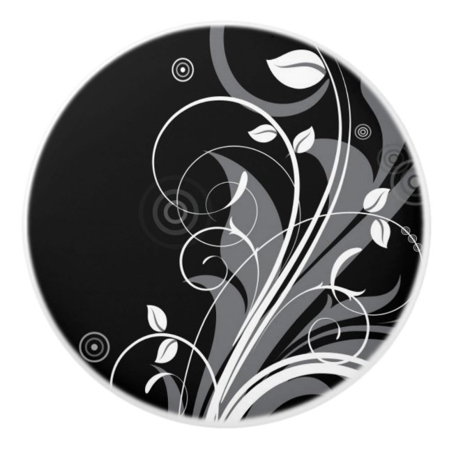 Gray Floral Pattern on Black Ceramic Knob (Front)