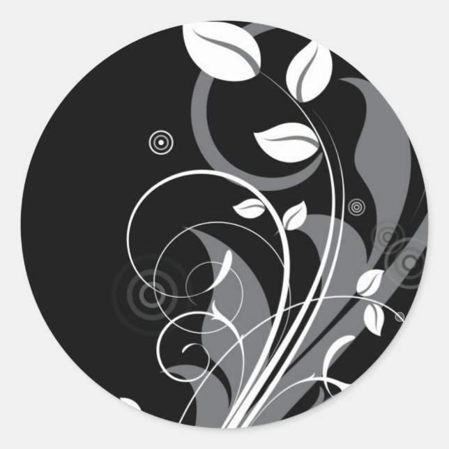 Gray Floral Pattern on Black Classic Round Sticker (Front)