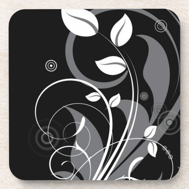 Gray Floral Pattern on Black Coaster (Front)