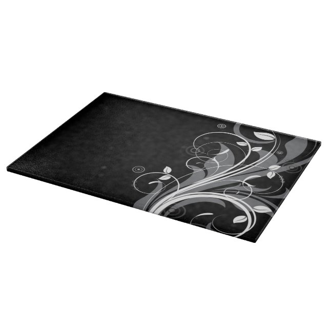 Gray Floral Pattern on Black Cutting Board (Corner)
