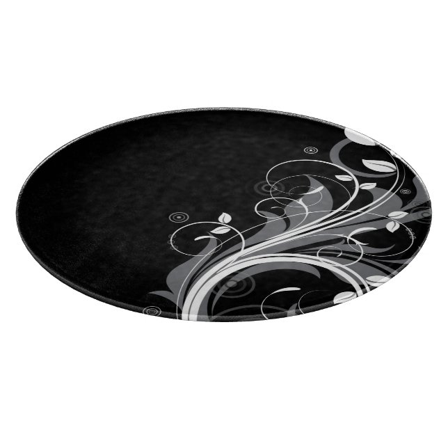 Gray Floral Pattern on Black Cutting Board (Corner)