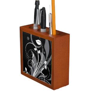 Gray Floral Pattern on Black Desk Organizer