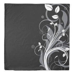 Gray Floral Pattern on Black Duvet Cover