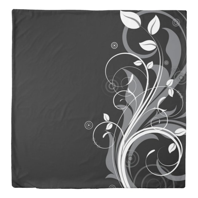 Gray Floral Pattern on Black Duvet Cover (Front)