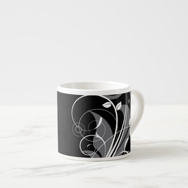 Gray Floral Pattern on Black Espresso Cup (Front Right)