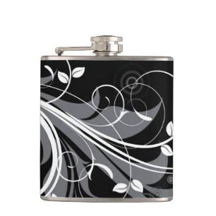Gray Floral Pattern on Black Flask