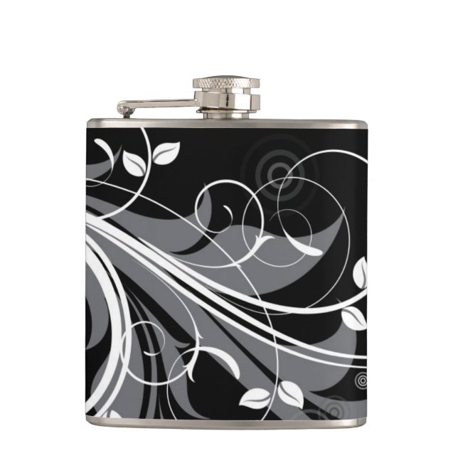 Gray Floral Pattern on Black Flask (Front)