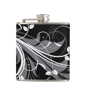 Gray Floral Pattern on Black Flask