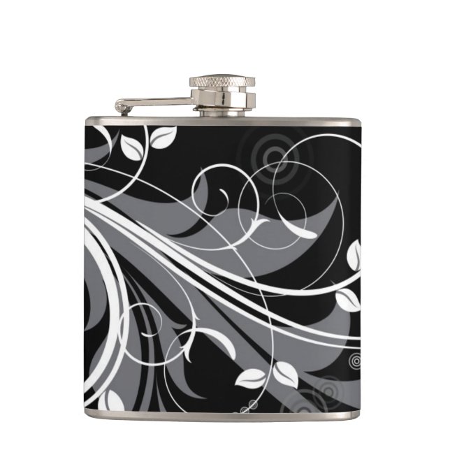 Gray Floral Pattern on Black Flask (Front)