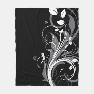 Gray Floral Pattern on Black Fleece Blanket