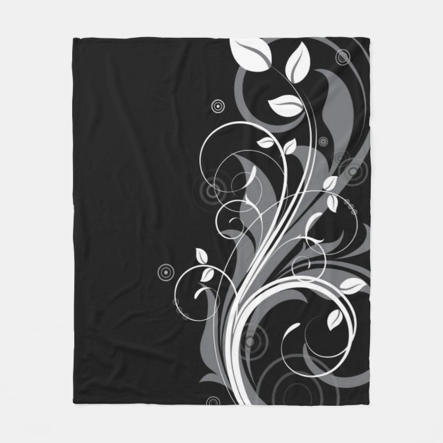 Gray Floral Pattern on Black Fleece Blanket (Front)
