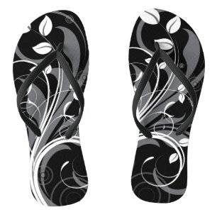 Gray Floral Pattern on Black Flip Flops