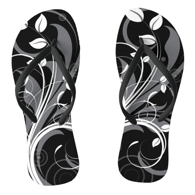 Gray Floral Pattern on Black Flip Flops (Footbed)