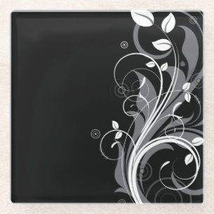 Gray Floral Pattern on Black Glass Coaster