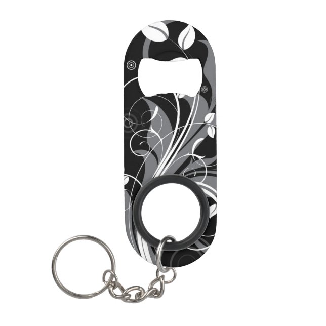Gray Floral Pattern on Black Keychain Bottle Opener (Front)