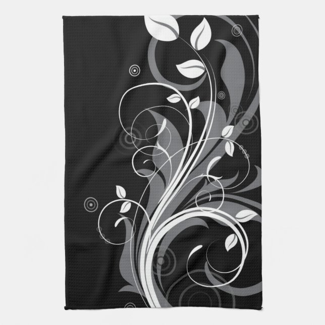 Gray Floral Pattern on Black Kitchen Towel (Vertical)