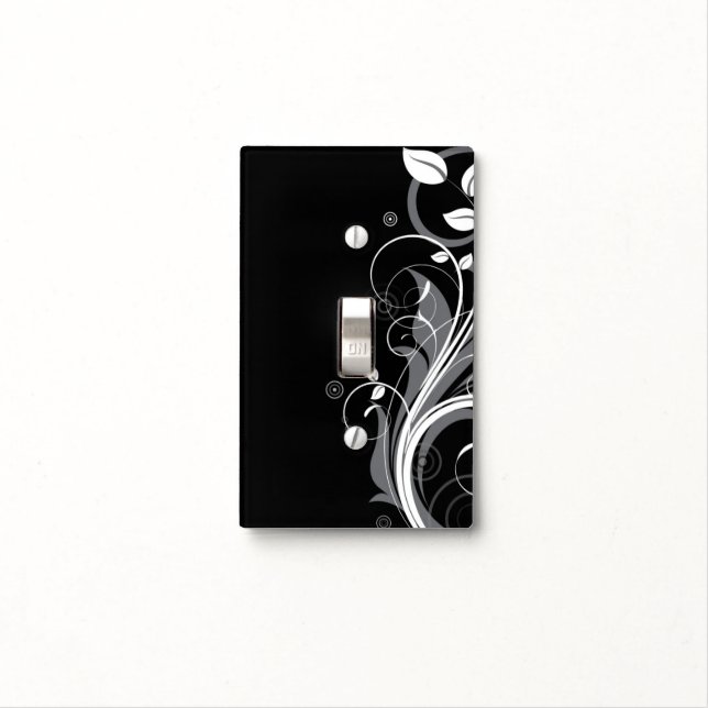 Gray Floral Pattern on Black Light Switch Cover (In Situ)