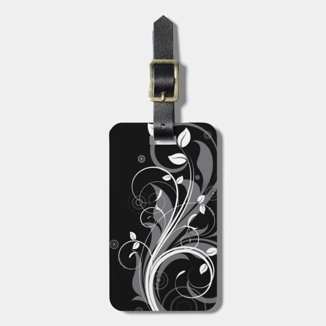 Gray Floral Pattern on Black Luggage Tag (Front Vertical)
