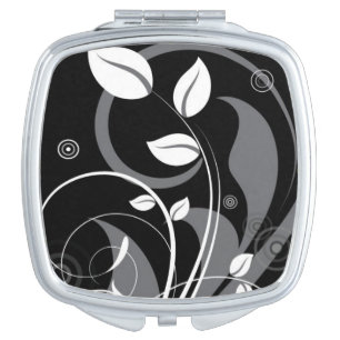 Gray Floral Pattern on Black Makeup Mirror