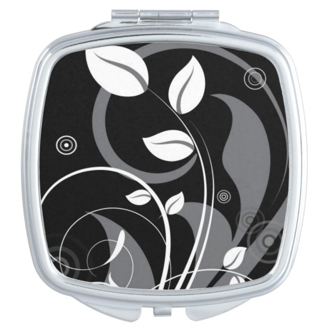 Gray Floral Pattern on Black Makeup Mirror (Front)