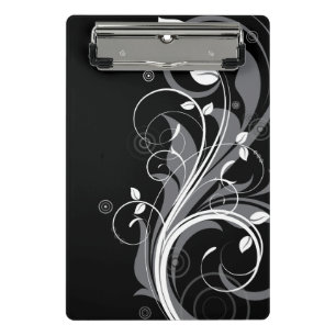 Gray Floral Pattern on Black Mini Clipboard