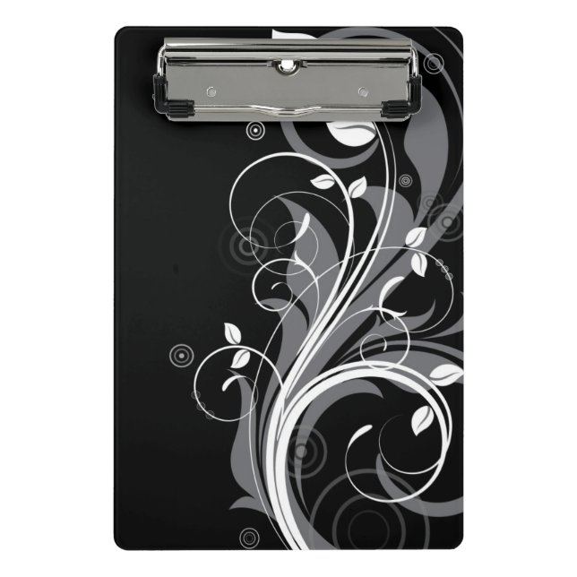 Gray Floral Pattern on Black Mini Clipboard (Front)