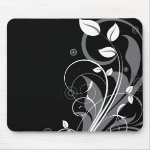Gray Floral Pattern on Black Mouse Pad