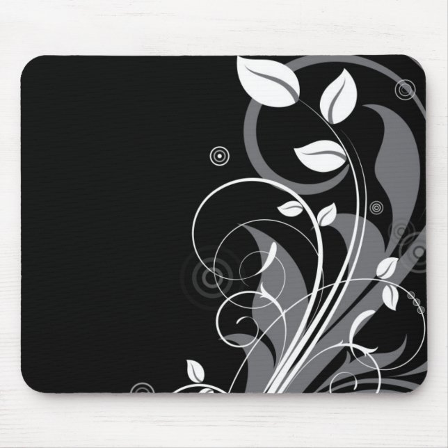 Gray Floral Pattern on Black Mouse Pad (Front)