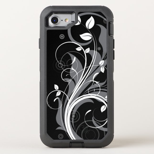 Gray Floral Pattern on Black Otterbox iPhone Case (Back)