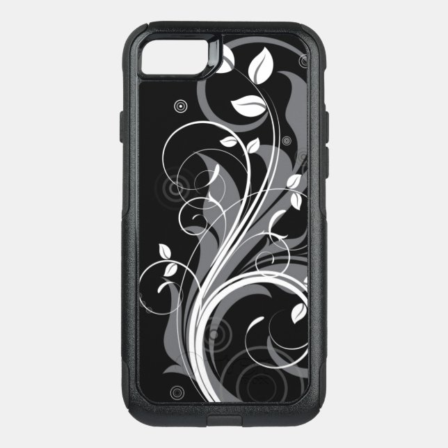Gray Floral Pattern on Black Otterbox iPhone Case (Back)