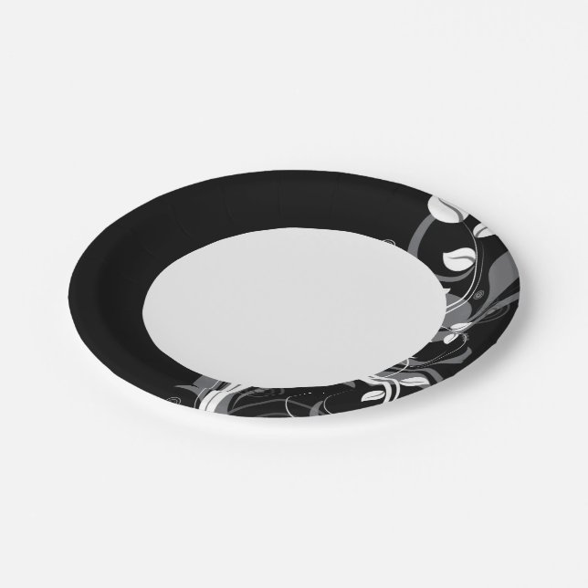 Gray Floral Pattern on Black Paper Plates (Angled)