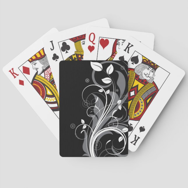 Gray Floral Pattern on Black Poker Cards (Back)