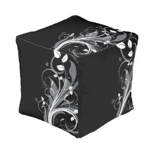 Gray Floral Pattern on Black Pouf
