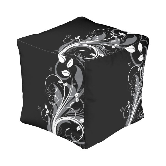 Gray Floral Pattern on Black Pouf (Angled Front)