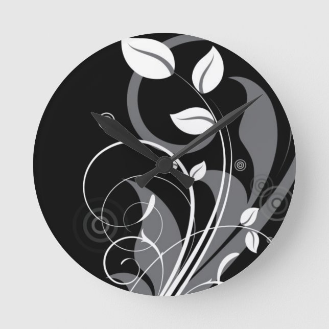 Gray Floral Pattern on Black Round Clock (Front)