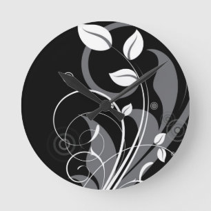 Gray Floral Pattern on Black Round Clock