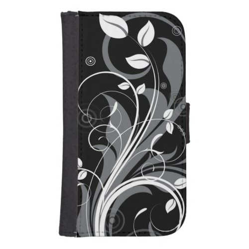 Gray Floral Pattern on Black Samsung S4 Wallet Case