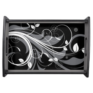 Gray Floral Pattern on Black Serving Tray