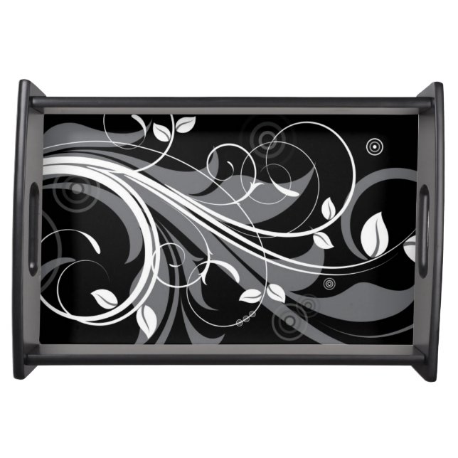 Gray Floral Pattern on Black Serving Tray (Front)