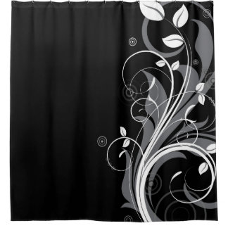 Gray Floral Pattern on Black Shower Curtain