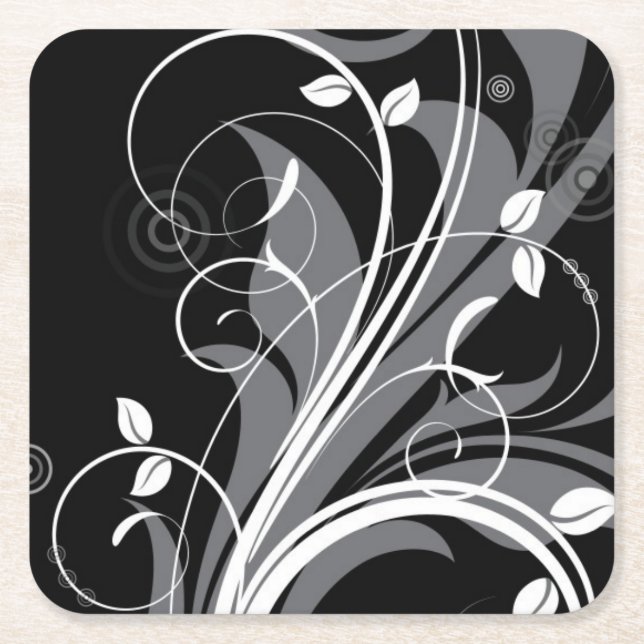 Gray Floral Pattern on Black Square Paper Coaster (Front)