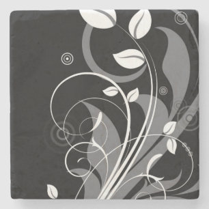 Gray Floral Pattern on Black Stone Coaster