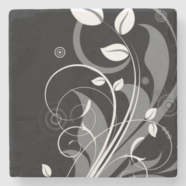 Gray Floral Pattern on Black Stone Coaster (Front)
