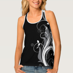 Gray Floral Pattern on Black Tank Top
