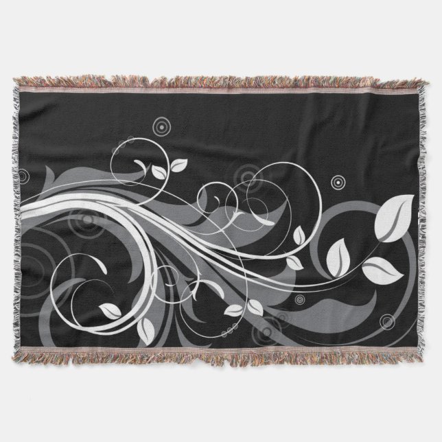 Gray Floral Pattern on Black Throw Blanket (Front)